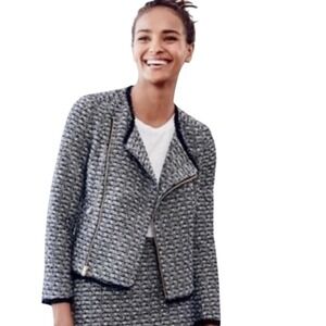 J. Crew Black and White Tweed Moto Zip Front Blazer‎ Jacket With Fringe Trim 10
